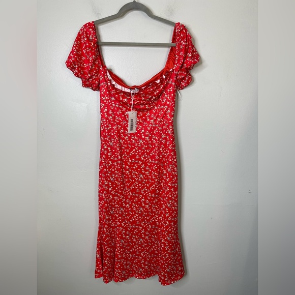 LAIT Collection NWT Red Floral Sweetheart Babydoll Puff Sleeve Midi Dress M - Picture 2 of 8